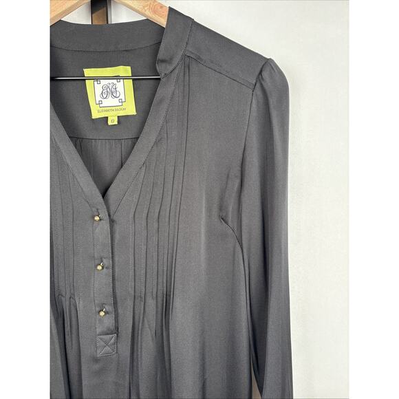 Elizabeth McKay Pleated Blouse 8 Black Women's Silk Blend Gold Button 3/4 Sleeve - Picture 2 of 13